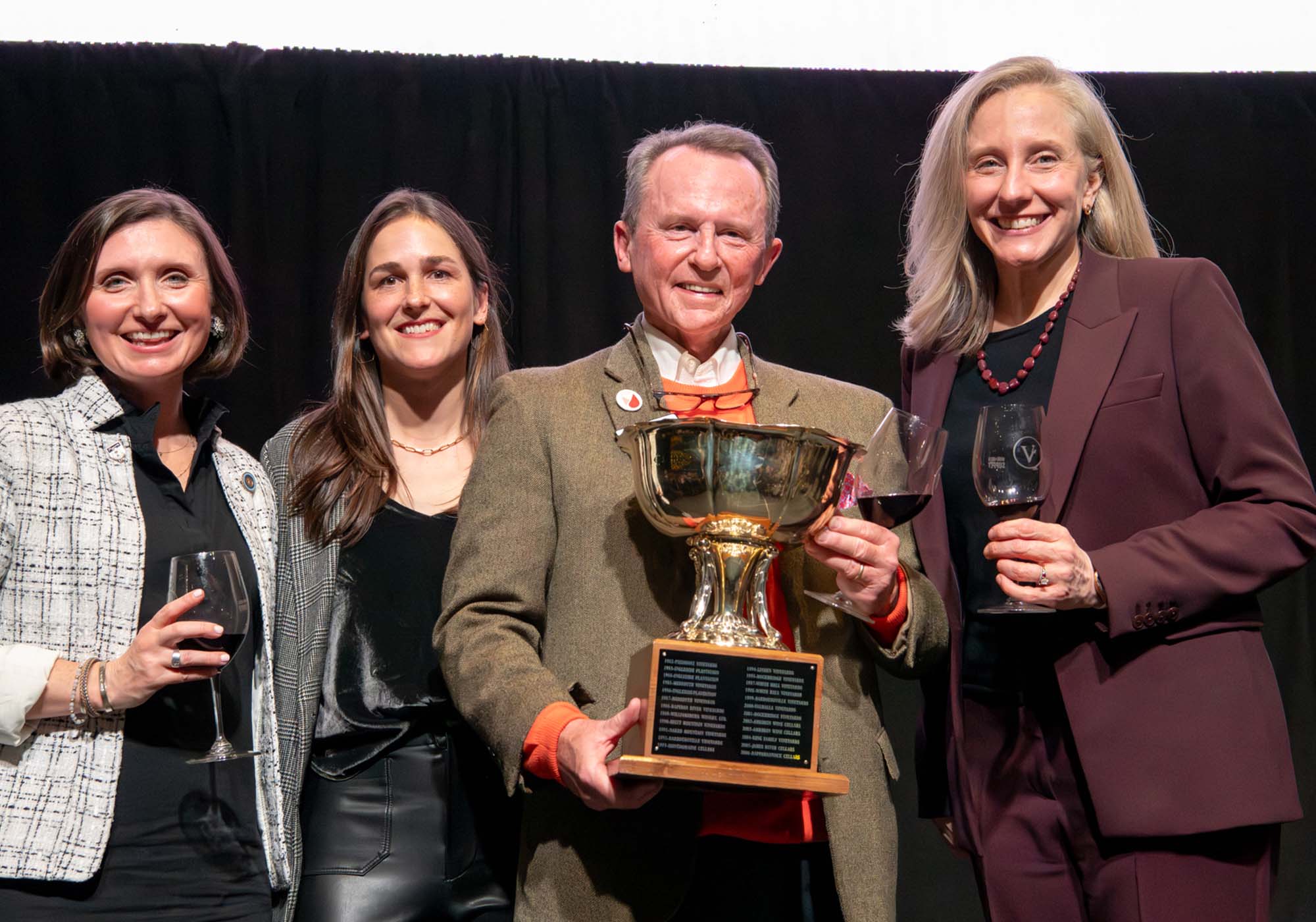 Governor Spanberger poses with Valley Road Vineyards' Owner and Winemaker after they won the 2026 Virginia Governor's Cup in Richmond