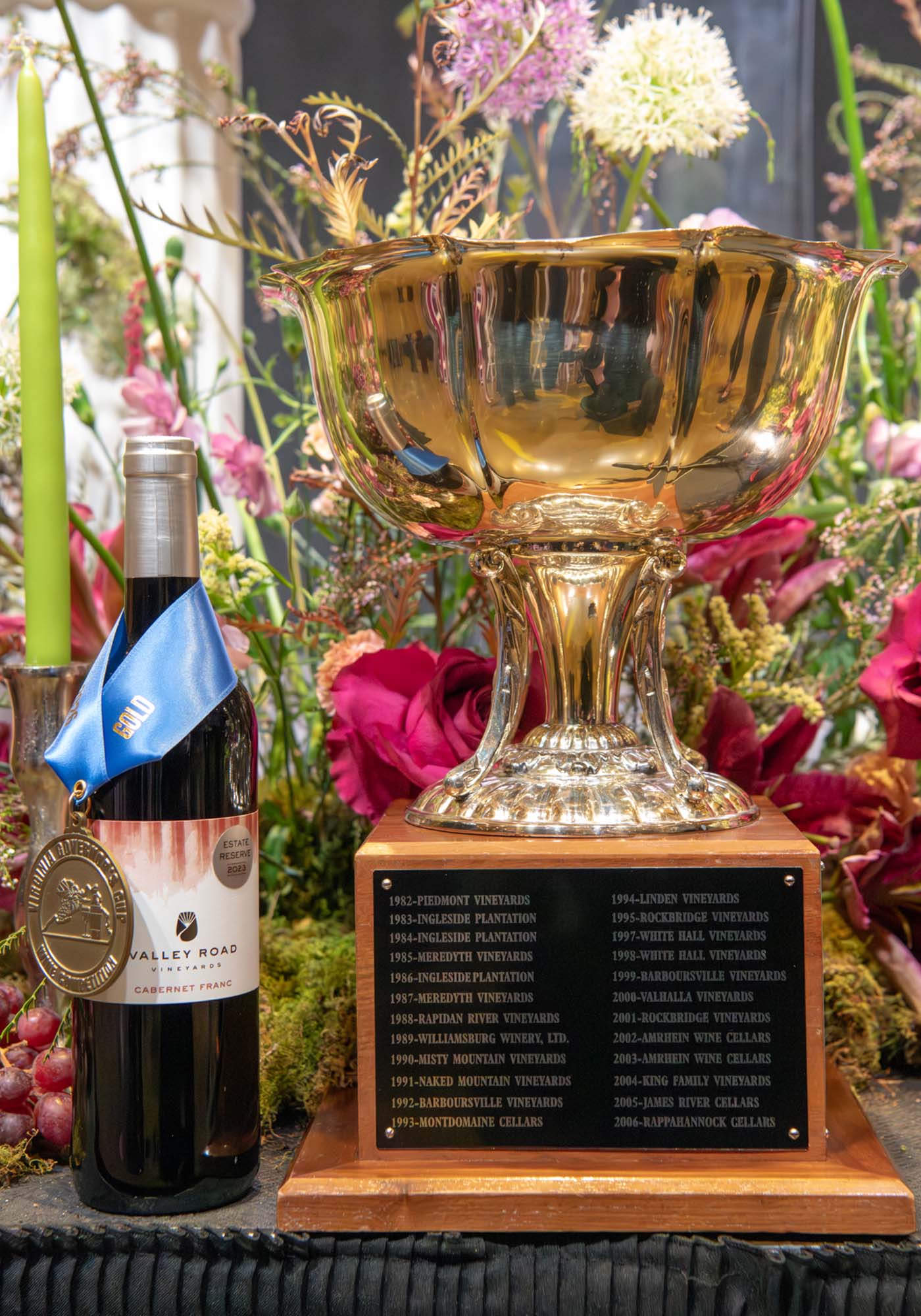 Valley Road Vineyards' award-winning wine next to the 2026 Virginia Governor's Cup