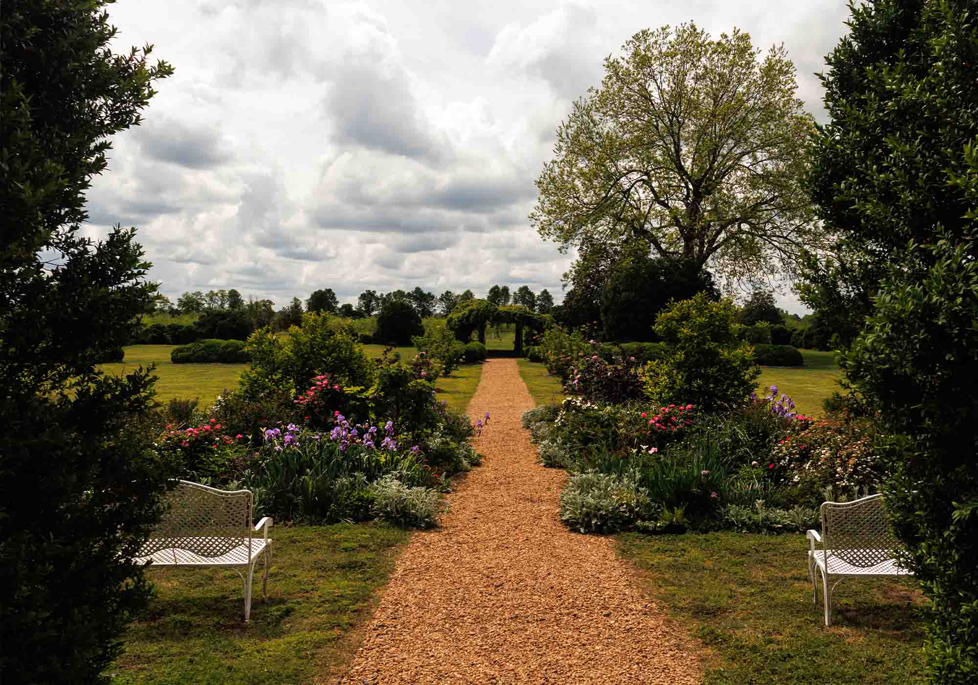 Shirley Plantation gardens with gravel path and lush greenery showcased during Virginia Historic Garden Week 2026