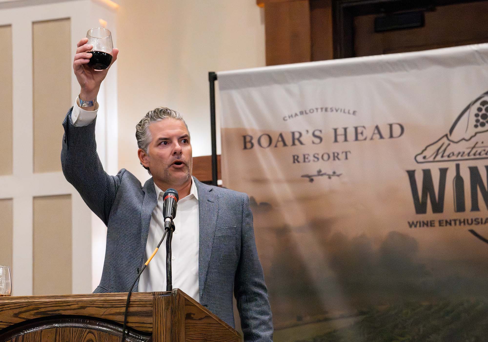 Dave Kostelnik, president of the Monticello Wine Trail, during the 2026 Monticello Cup awards in Charlottesville.