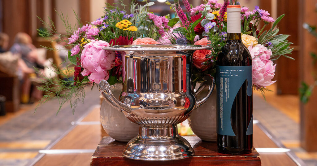 The 2026 Monticello Cup trophy honoring the top wine in the Monticello Wine Trail competition.