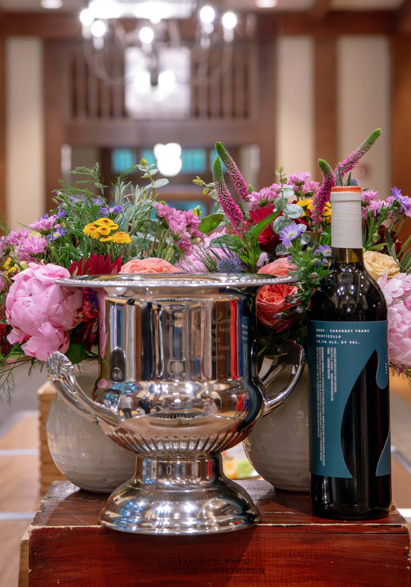 The 2026 Monticello Cup trophy honoring the top wine in the Monticello Wine Trail competition.