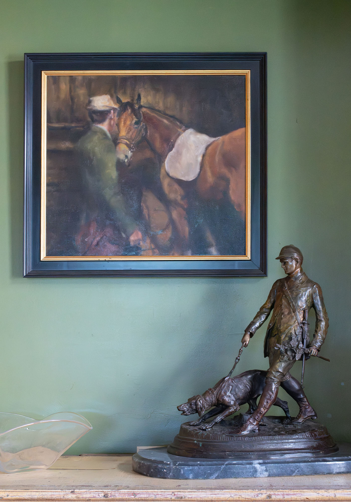 Original painting by Virginia artist Kelly Wilkinson Coffin, next to a Hunt Country-themed sculpture